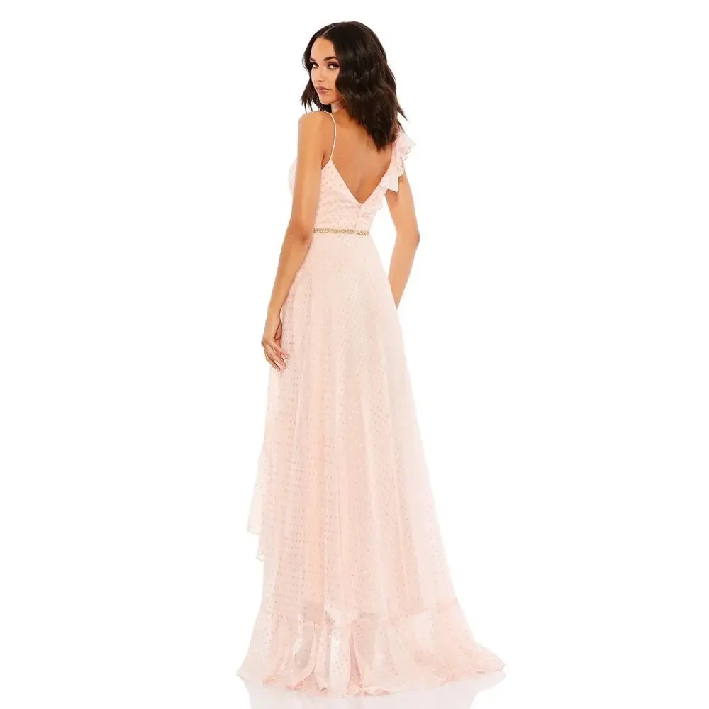 Mac Duggal 49330 Salmon Ruffle Slit Metallic Polka Dot Sleeveless‎ Gown Size 10